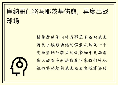 摩纳哥门将马耶茨基伤愈，再度出战球场
